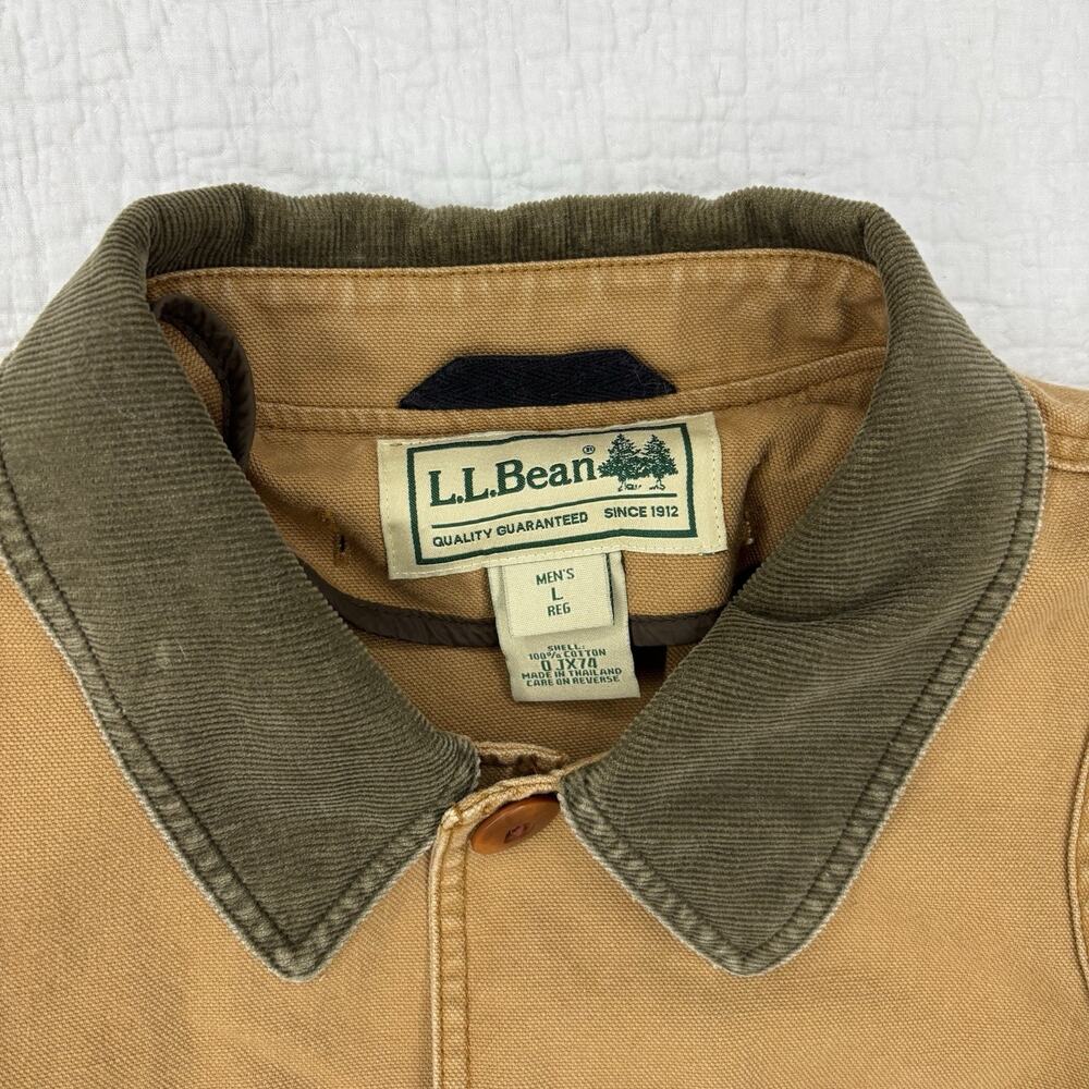 LL Bean Jacket Mens Size Large Tan Canvas Barn Chore Coat Corduroy Cuffs - Picture 3 of 8